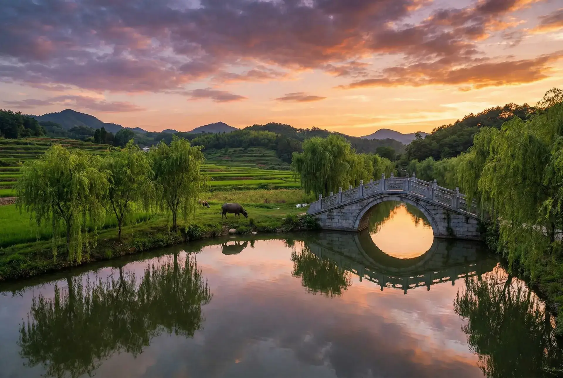 夕阳下的石拱桥与垂柳，水牛在河边吃草 - 妈妈的朋友在线观看清 乡村美景
